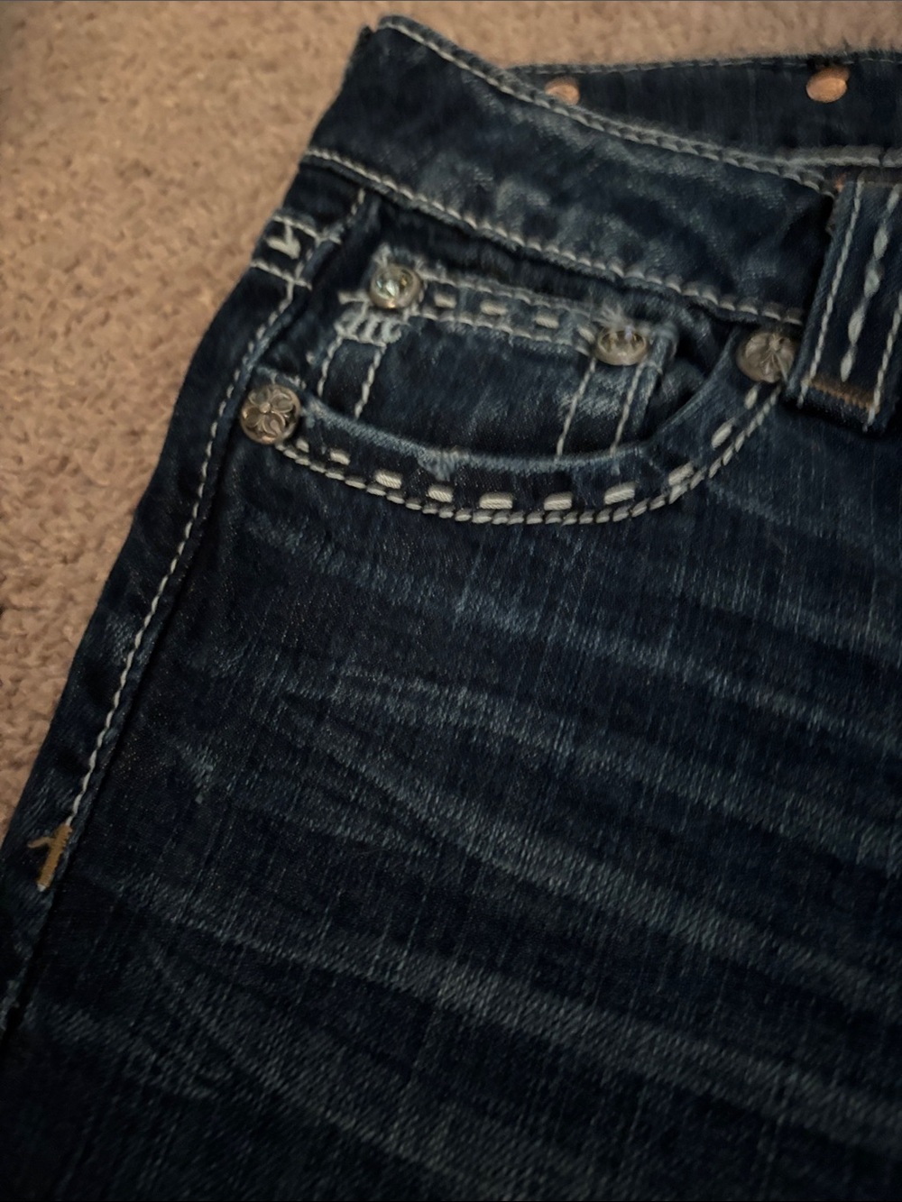 Miss Me Dark Indigo Bootcut Jeans with Gold Embroidery and Studs - Picture 10 of 13